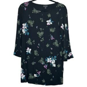 J. Jill Wearever Knit Tunic Top Black Floral Bell Sleeve S EUC